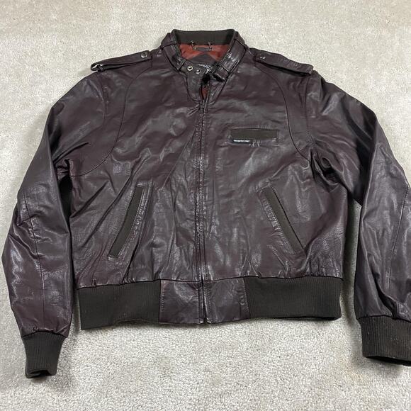 Members Only Jacket Mens 46 Brown Leather Bomber Racer Epaulets Zip Biker - Picture 1 of 8